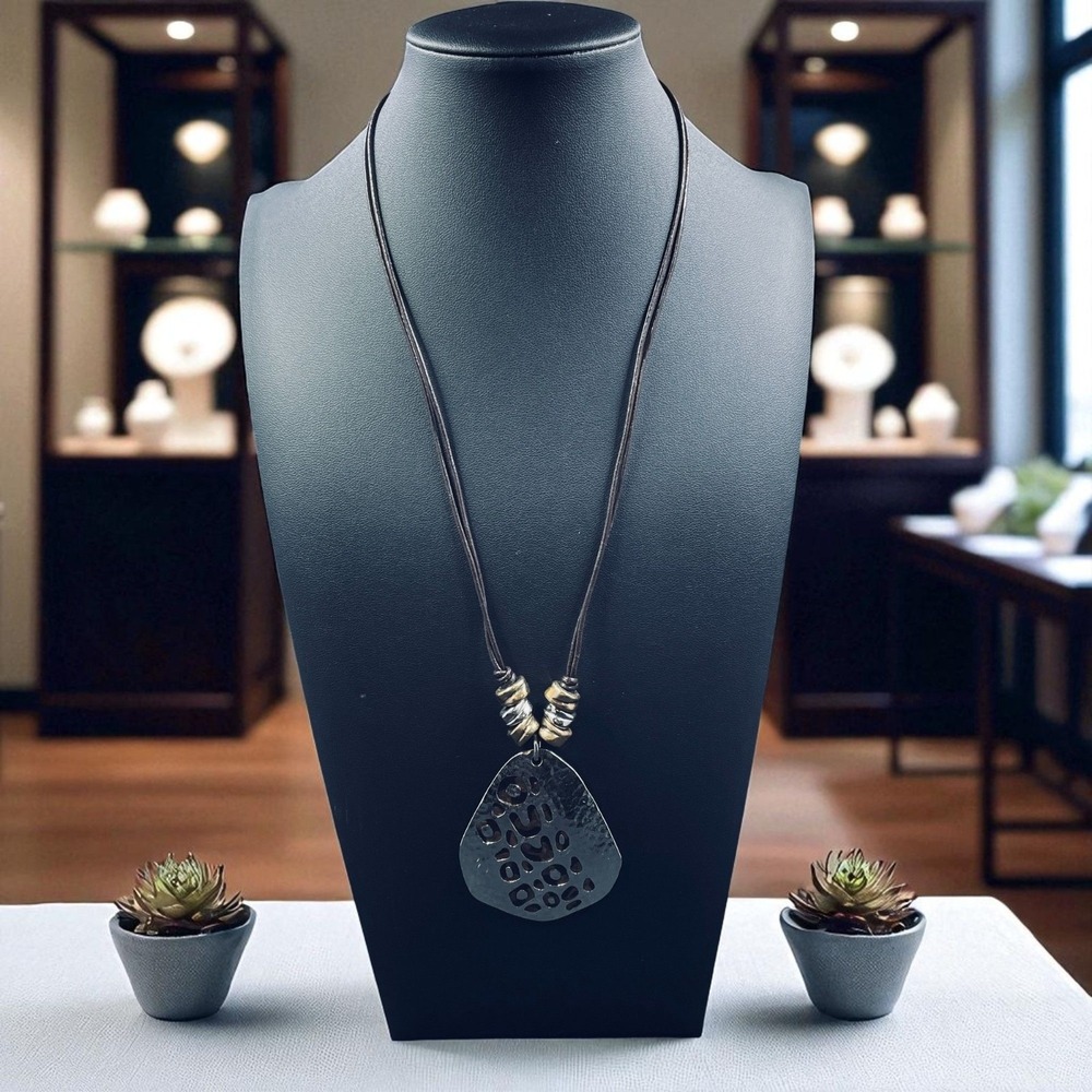 Boho Cheetah Pendant Necklace Hammered‎ Metal Tribal Festival Statement Jewelry